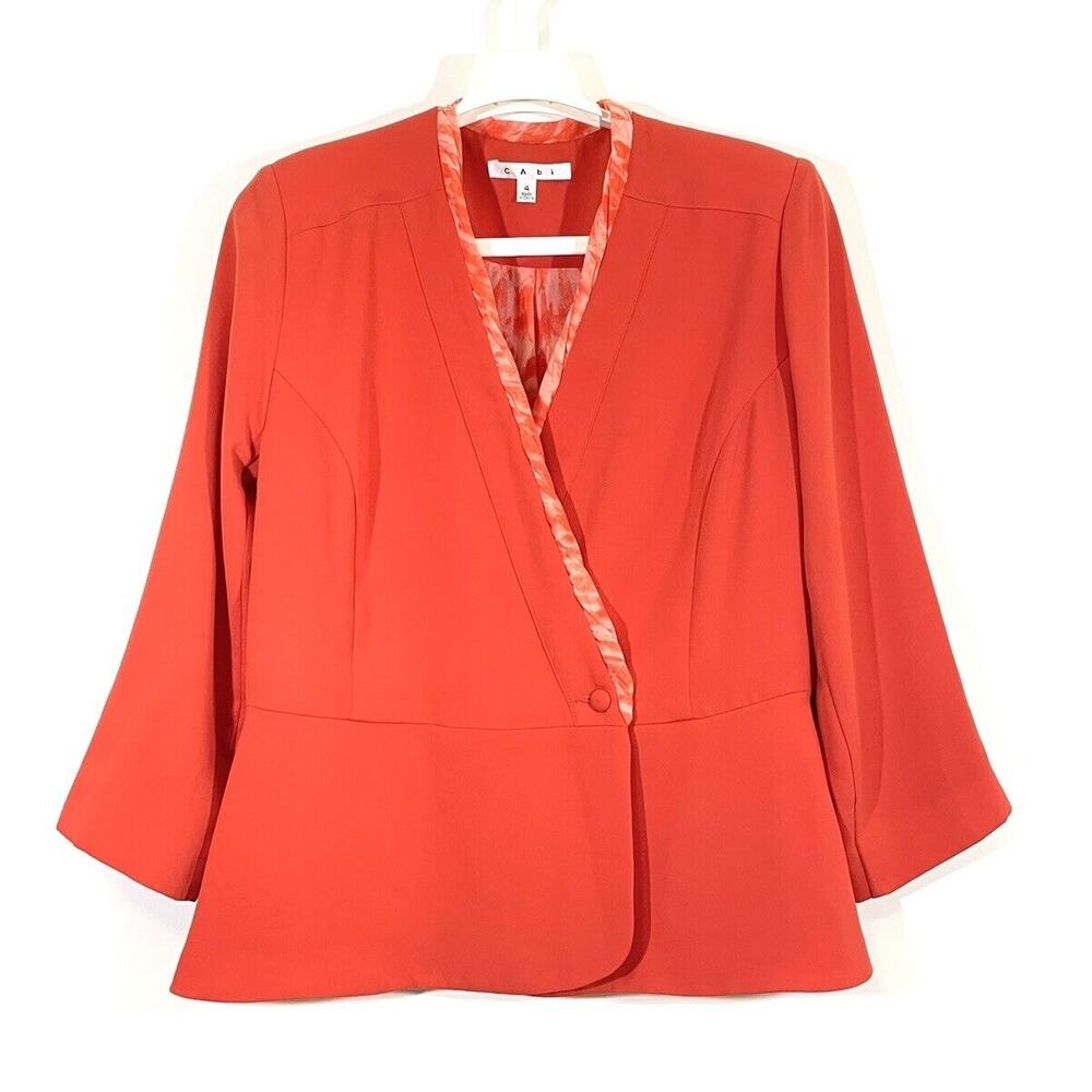 CAbi Jane Jacket Style #216 Womens Size 4 Grenadine Orange Crossover Wrap Peplum